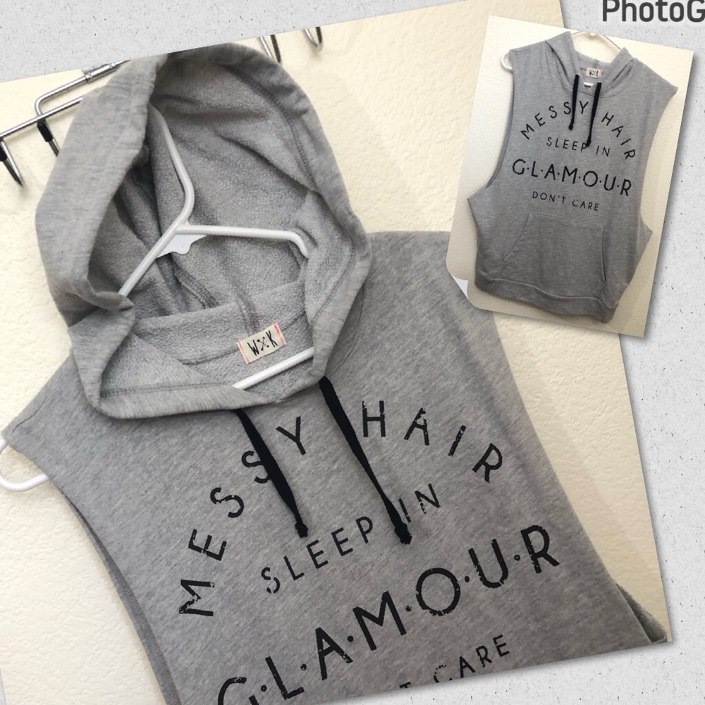 WK Womens Large Gray Hooded Sleeveless Sweatshirt Top Messy Hair NWT